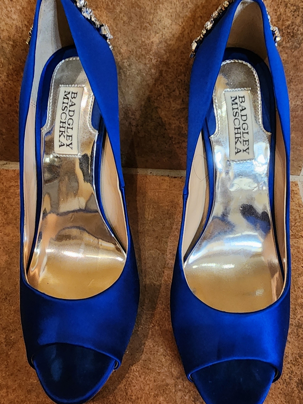 Badgley Mischka Cobalt Blue Satin Peep-Toe Heels with Crystal Accent